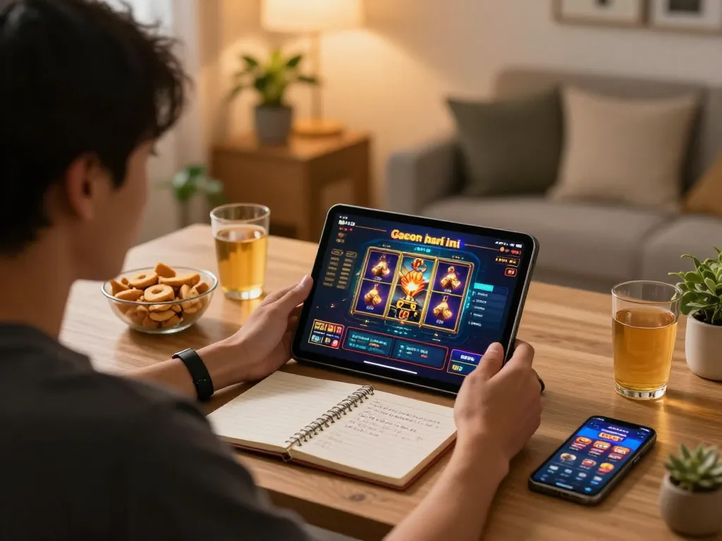 Permainan menarik slot gacor hari ini di tablet dalam lingkungan rumah yang nyaman dengan camilan dan strategi.
