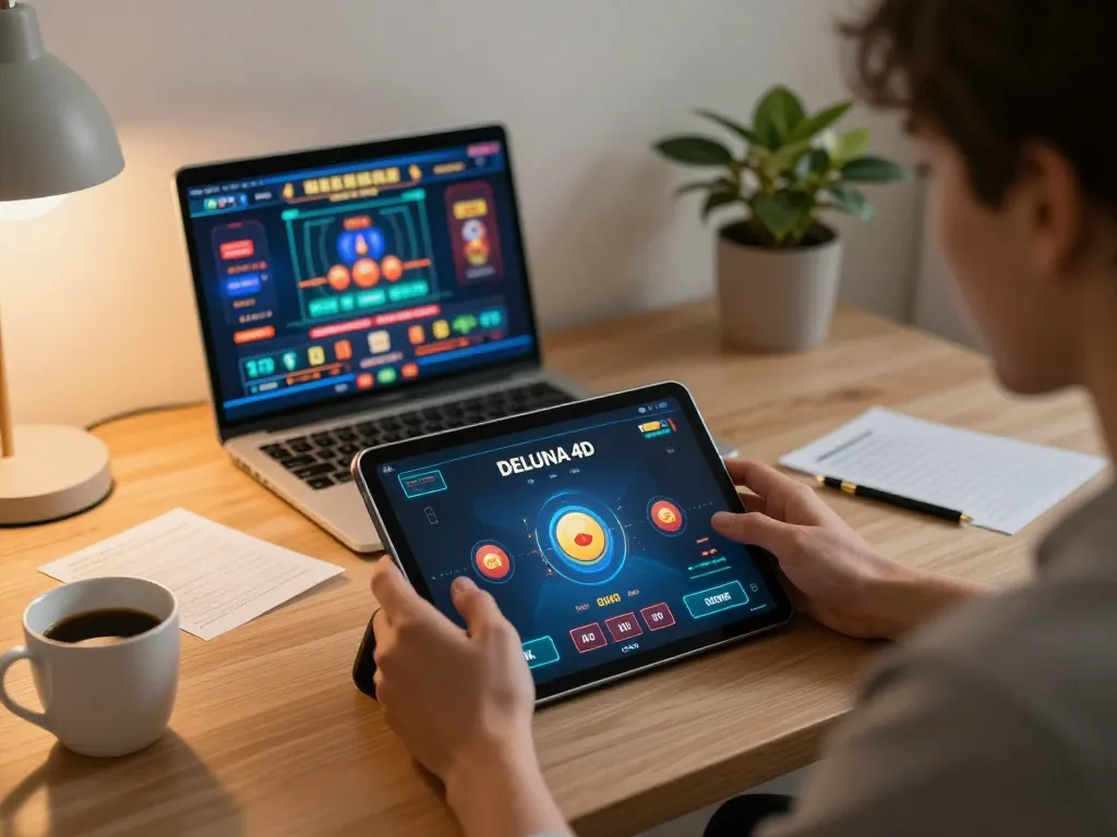 Permainan yang menarik di deluna4d ditampilkan di tablet, menangkap kegembiraan perjudian daring.