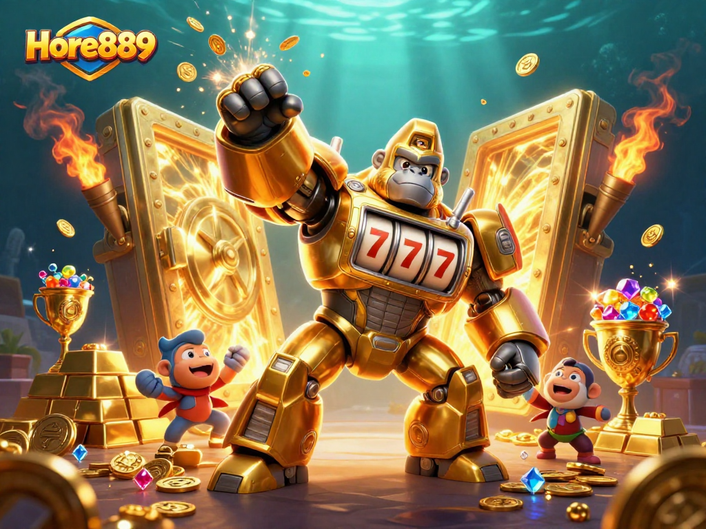 Experience thrills at Hore889 with a golden gorilla mech and treasures in this vibrant illustration.