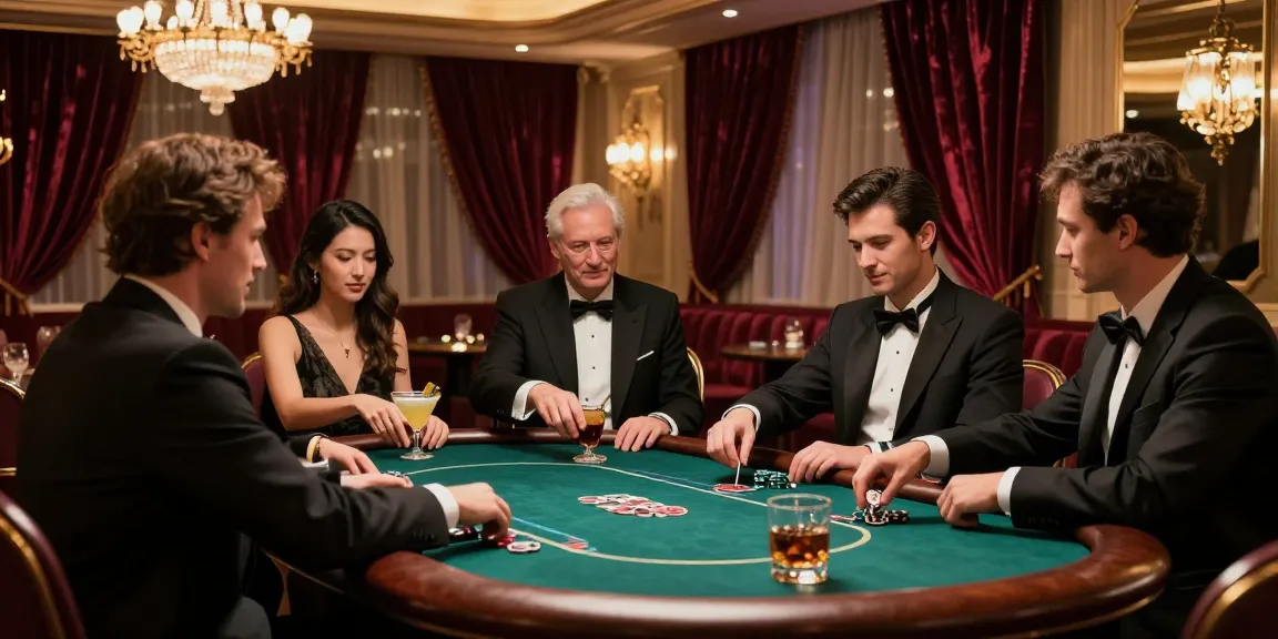 Link LUXURY12 dalam suasana mewah lounge perjudian dengan pemain poker yang elegan.