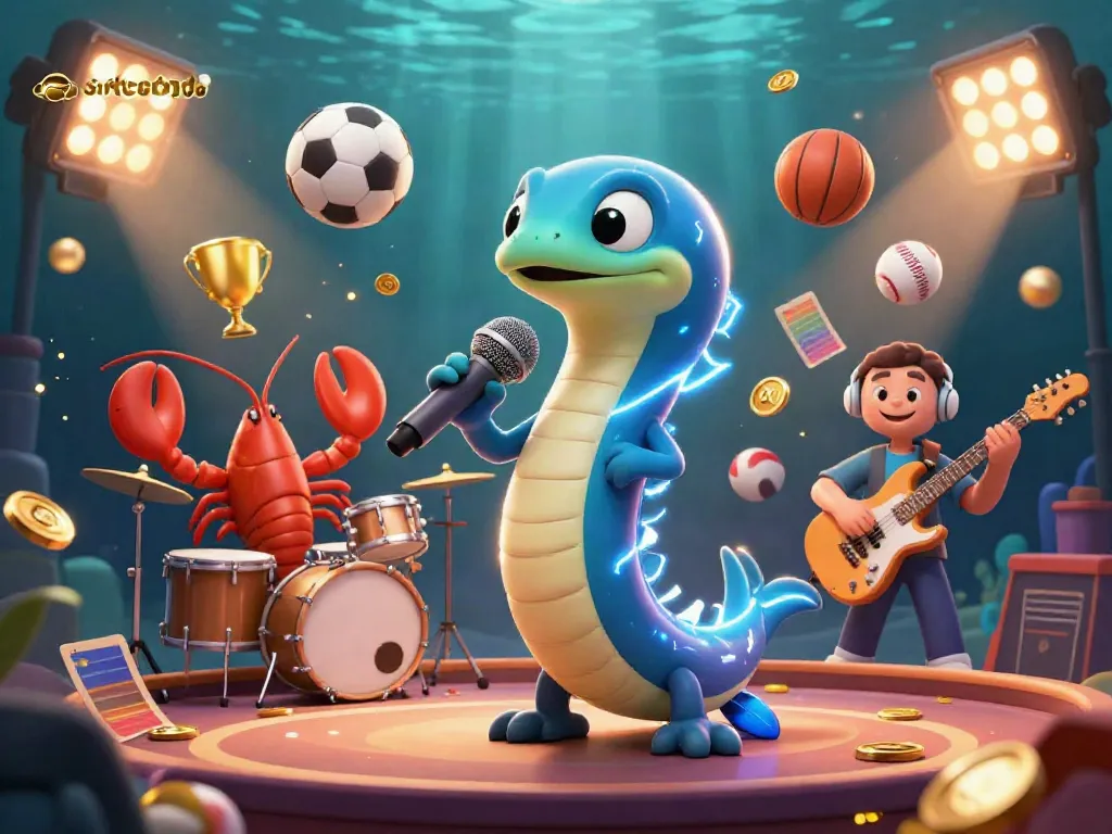 Situs toto showcases an electric eel DJ with backup band in an underwater casino scene
