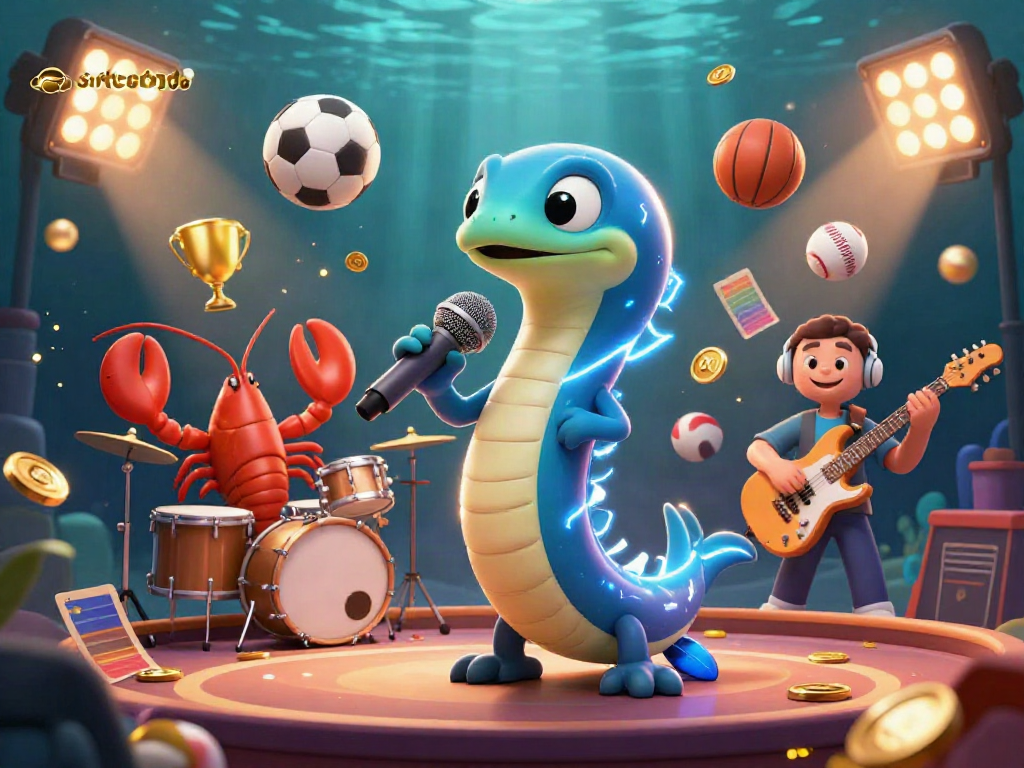 Situs toto showcases an electric eel DJ with backup band in an underwater casino scene