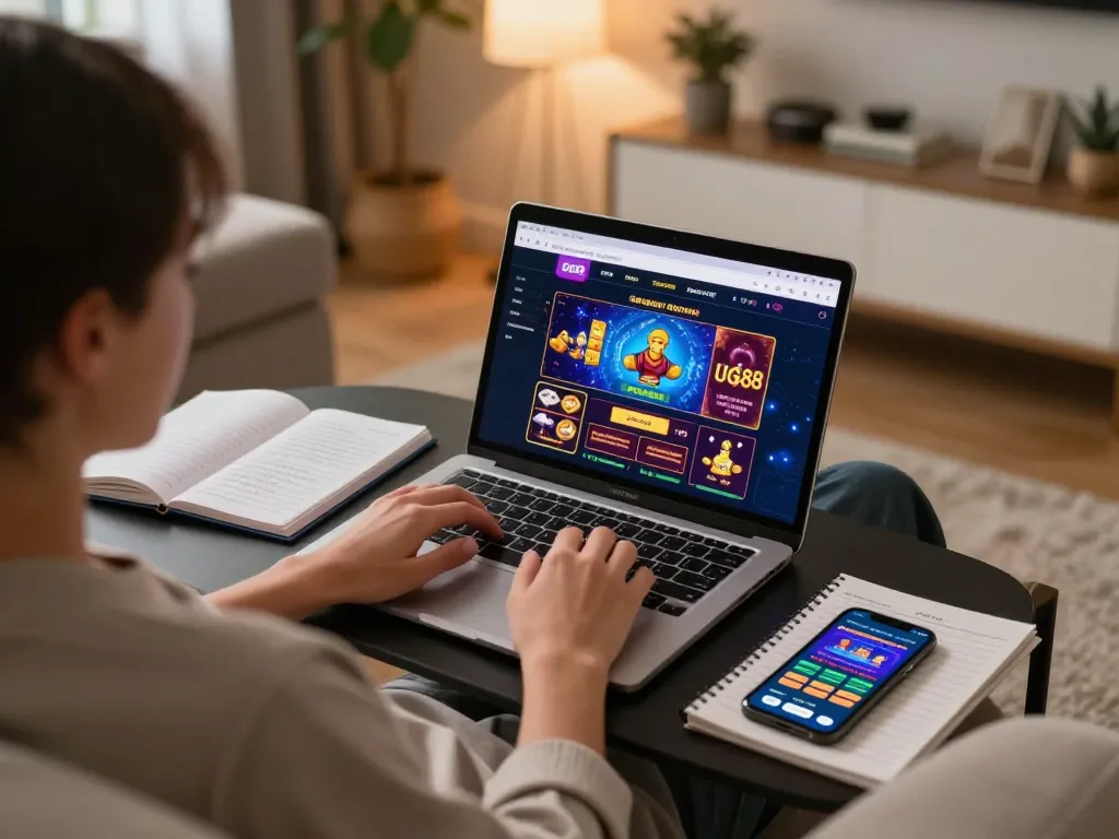 Player engaging with UG88 online casino on laptop, showcasing a vibrant gaming experience.