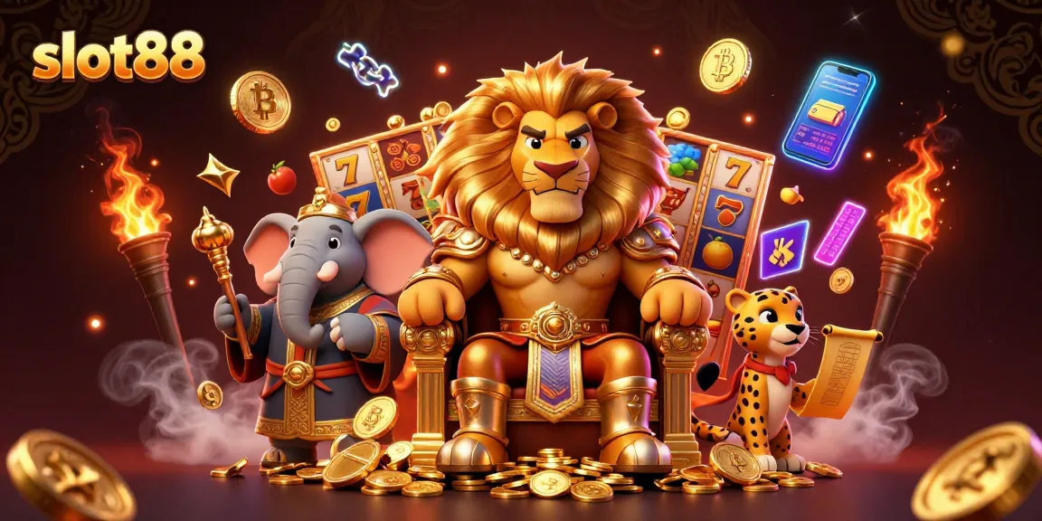 Experience thrilling slot88 action with a royal lion king, wise elephant, and fast cheetah amidst vibrant gaming elements.