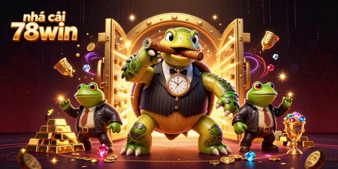 Engaging scene with nhà cái 78win showcasing a turtle mobster and bullfrog enforcers in a vibrant casino ambiance.