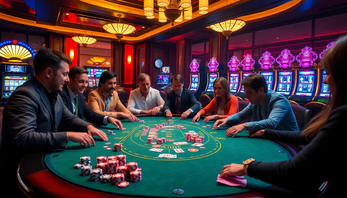 A thrilling casino game scene at 78Win showcasing players with poker chips and vibrant table decor.