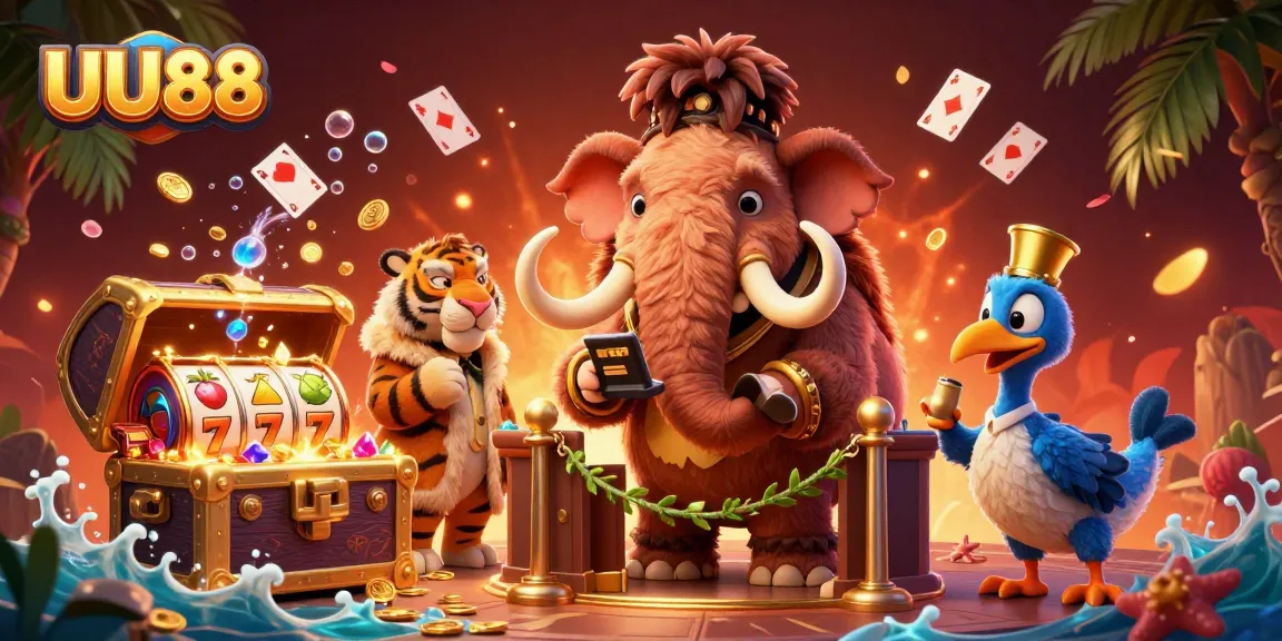 Experience exciting gaming at UU88 with a vibrant illustration of a cartoon casino scene featuring unique characters.