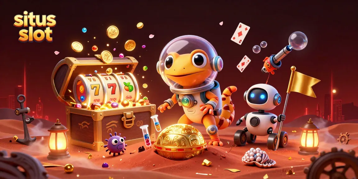 Engage in situs slot action with a Martian gecko and robot sidekick at a vibrant cosmic casino.