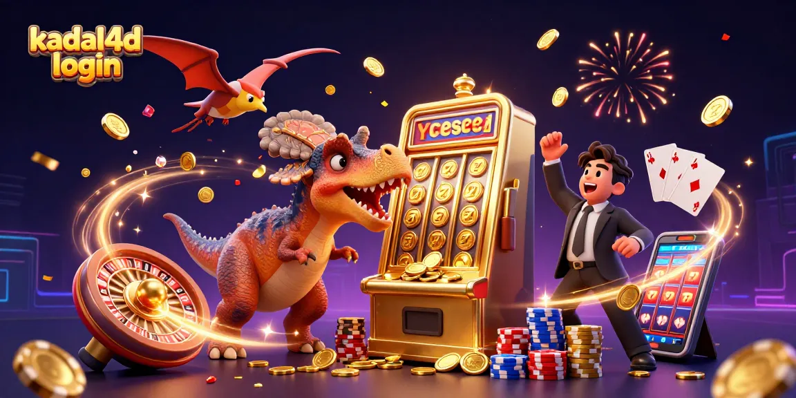 Gambar kadal4d login menampilkan dinosaurus 3D beraksi di kasino, meraih jackpot.