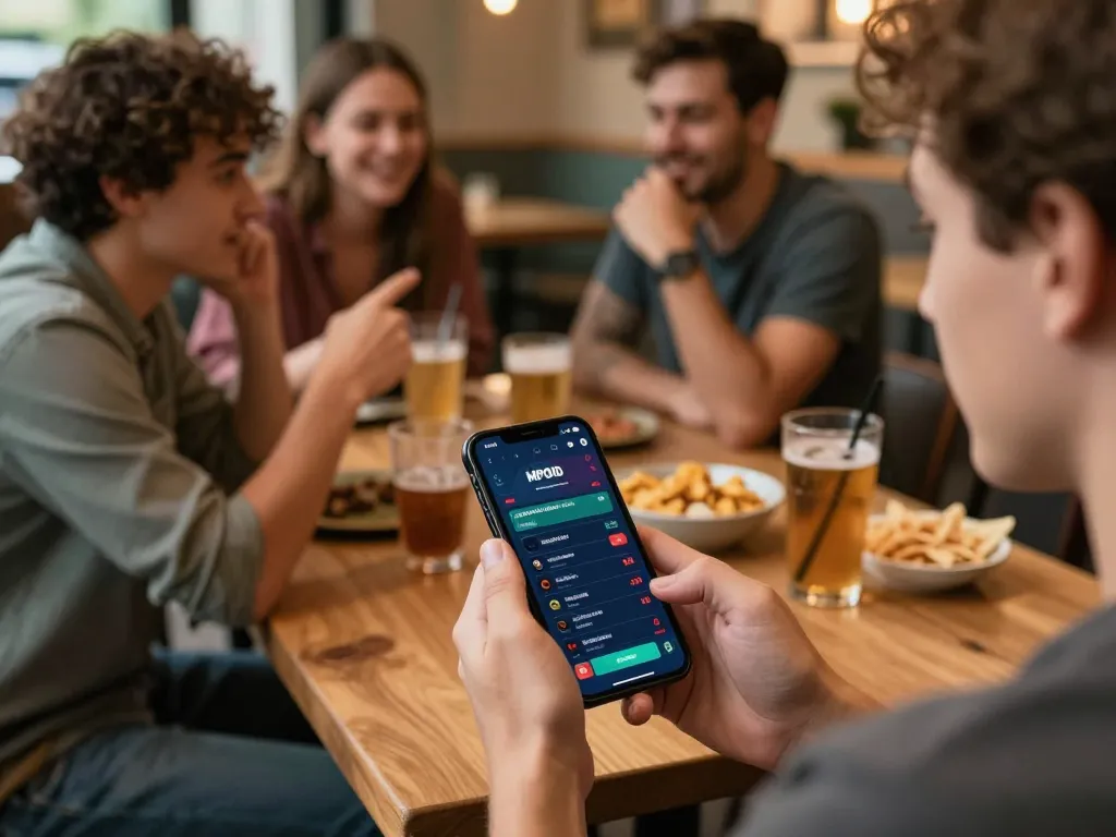 MPOID betting app interface displayed on smartphone at a cozy cafe, showcasing social gaming elements.