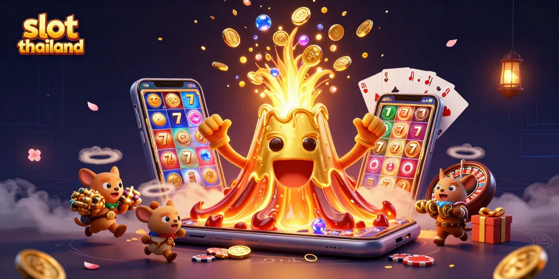 Engage with thrilling slot thailand games, featuring a golden volcano and treasure in a vibrant casino setting.