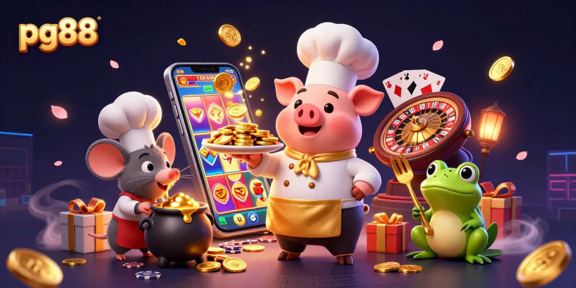 Spin and win with pg88's vibrant casino characters and golden treasures in a dynamic scene.
