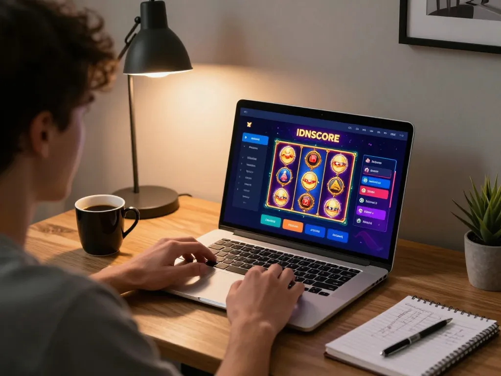 IDNSCORE player enjoying an immersive online gaming experience at home, engaging with colorful slot machine graphics.