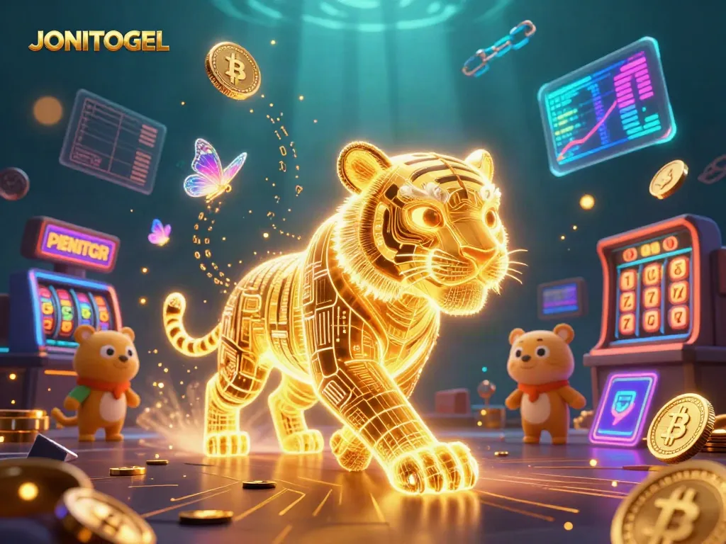 Engage with JONITOGEL as a neon-wireframe tiger navigates a vibrant digital casino landscape.
