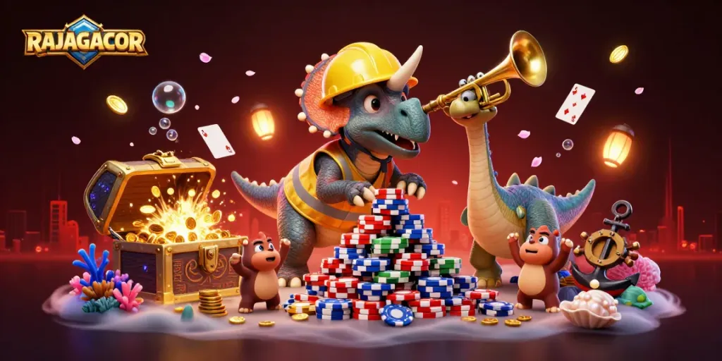 RAJAGACOR menghadirkan ilustrasi dinamis dengan karakter poker dan harta karun bersinar di dunia slot yang menakjubkan.