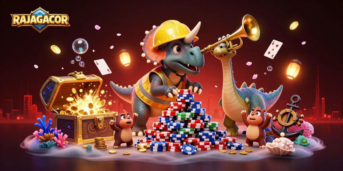 RAJAGACOR menghadirkan ilustrasi dinamis dengan karakter poker dan harta karun bersinar di dunia slot yang menakjubkan.