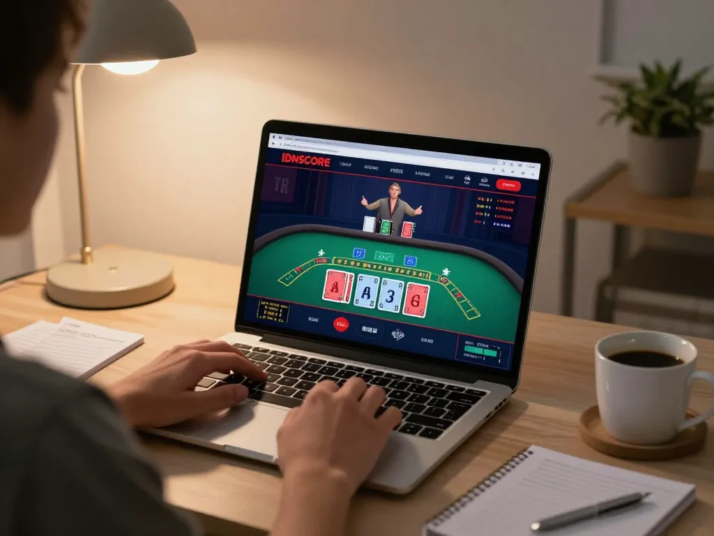 Person engaging with IDNSCORE in an online blackjack game from home, showcasing strategy and focus.