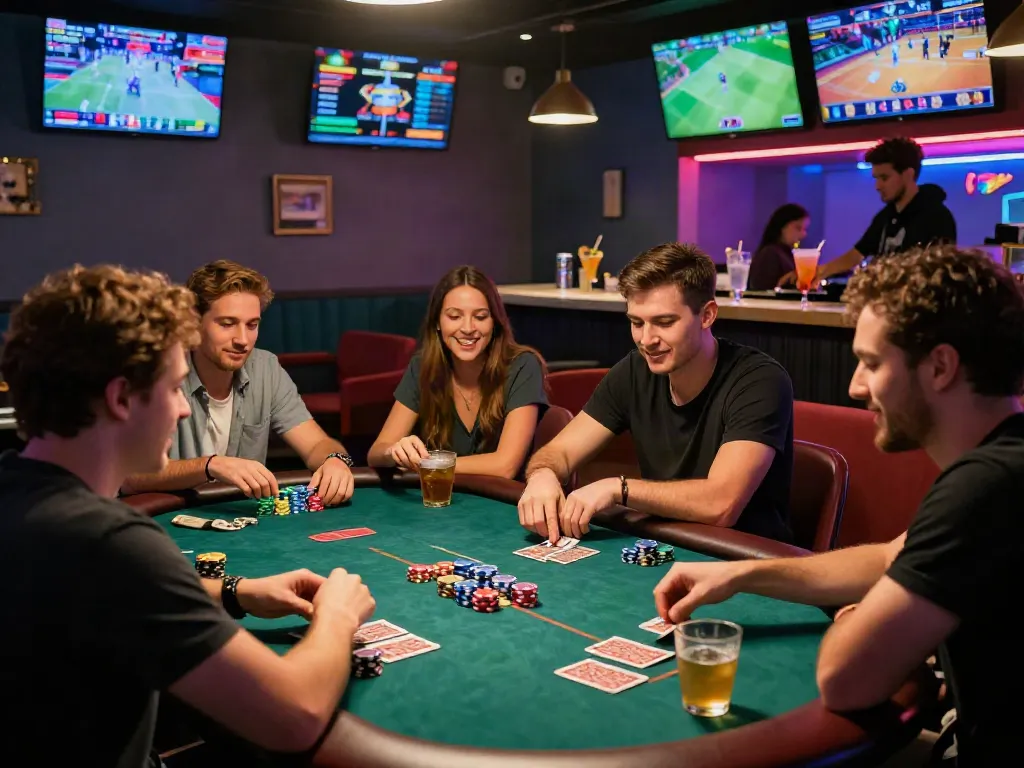 Seributoto gaming lounge scene with friends enjoying cards and drinks in a vibrant atmosphere.
