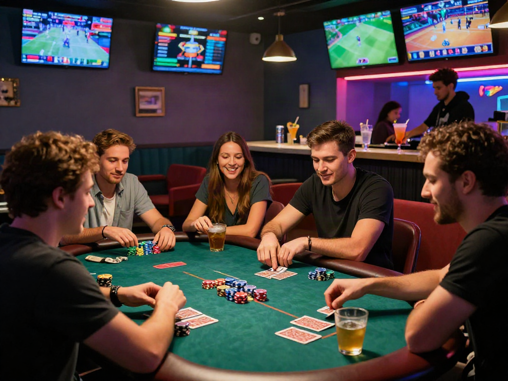 Seributoto gaming lounge scene with friends enjoying cards and drinks in a vibrant atmosphere.