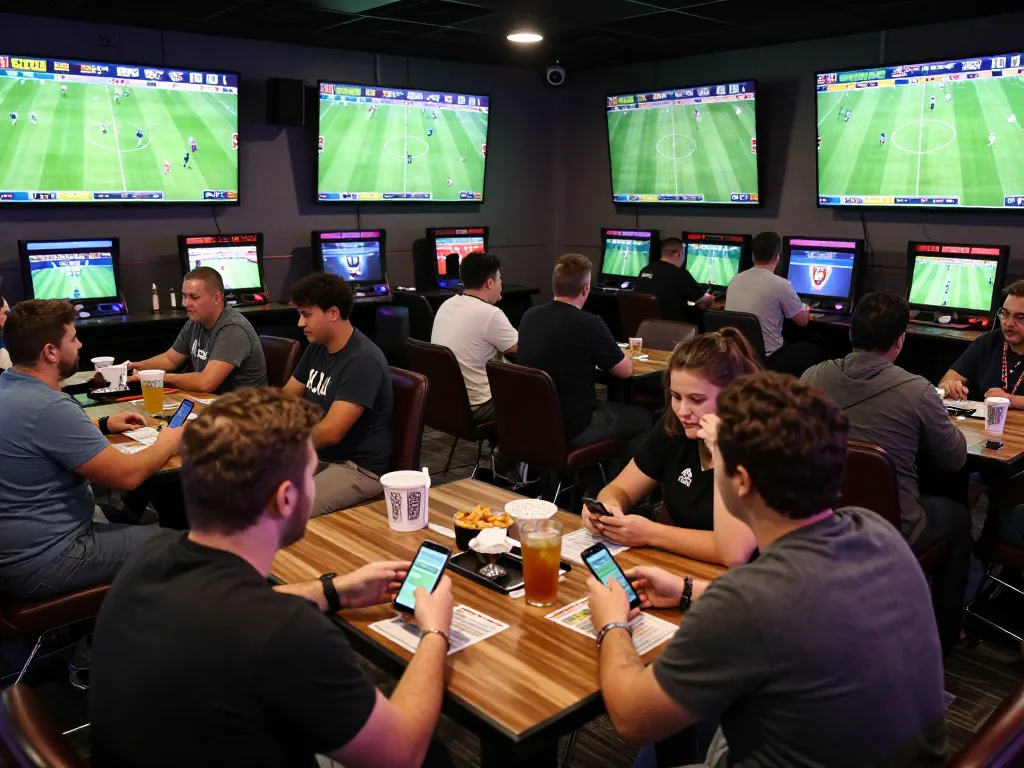 KQBD sports fans engaged in live betting during a match at a vibrant betting lounge.