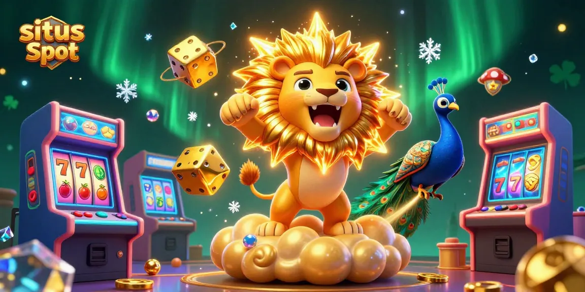 Experience excitement at situs Slot with vibrant slot reels and a roaring sun lion in this dynamic casino scene.