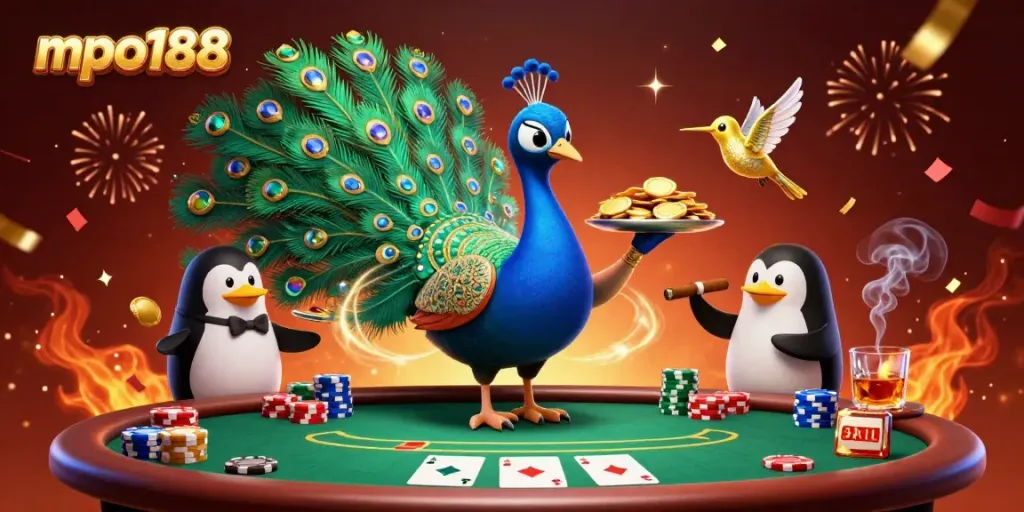 Menangkan peluang di mpo188 sambil bermain dengan aristokrat merak dan pelayan penguin di meja poker.
