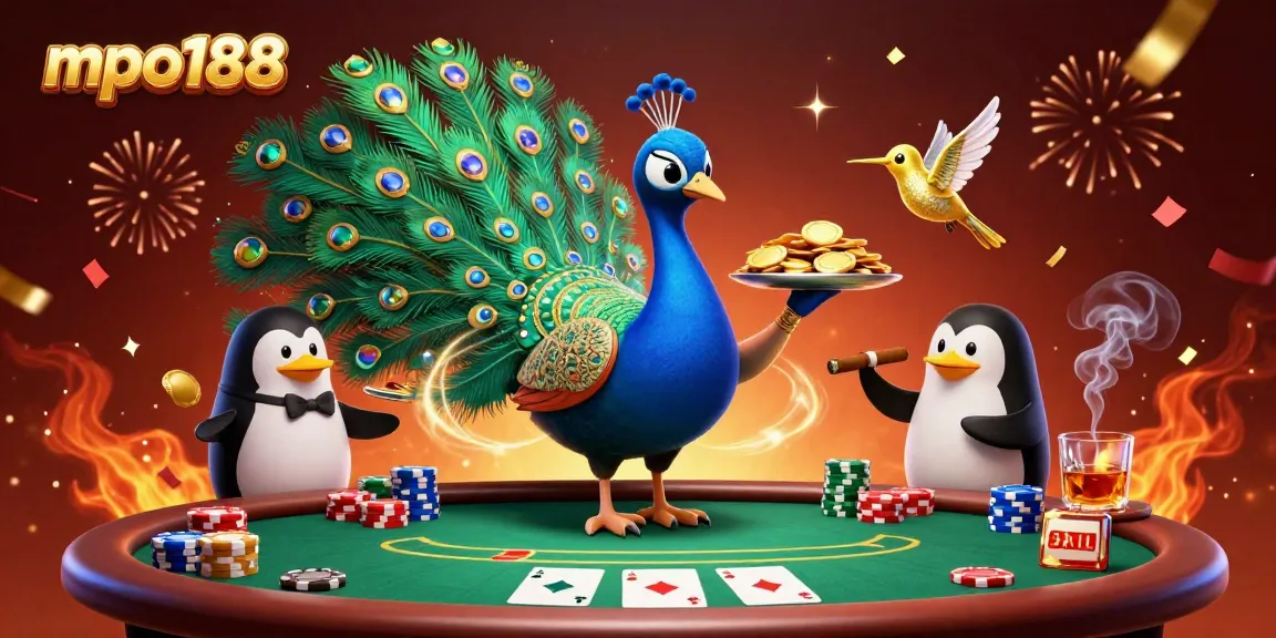 Menangkan peluang di mpo188 sambil bermain dengan aristokrat merak dan pelayan penguin di meja poker.