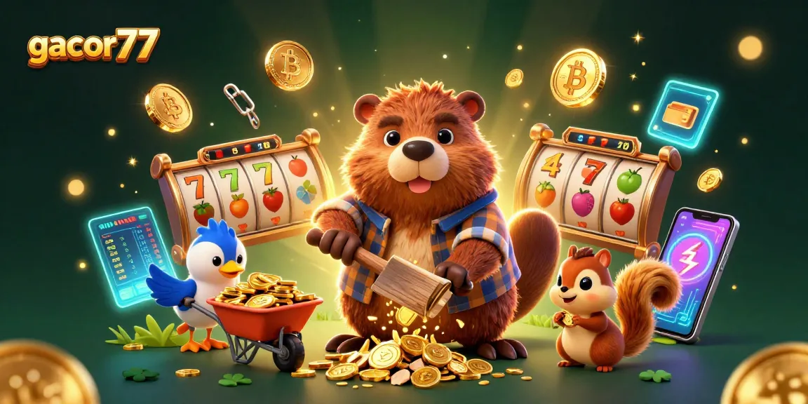 Gacor77 menciptakan strategi menang dengan kartu poker dan chip di antara karakter ceria seperti beaver dan burung.