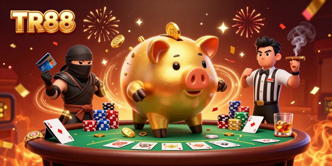 Engage with TR88 in an energetic casino showdown featuring cartoon characters and vibrant poker elements.