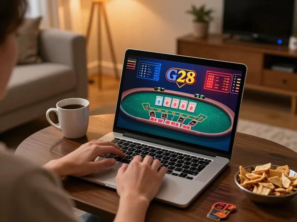 G28 player enjoying live dealer blackjack on a laptop in a cozy home setting with snacks and warm lighting.