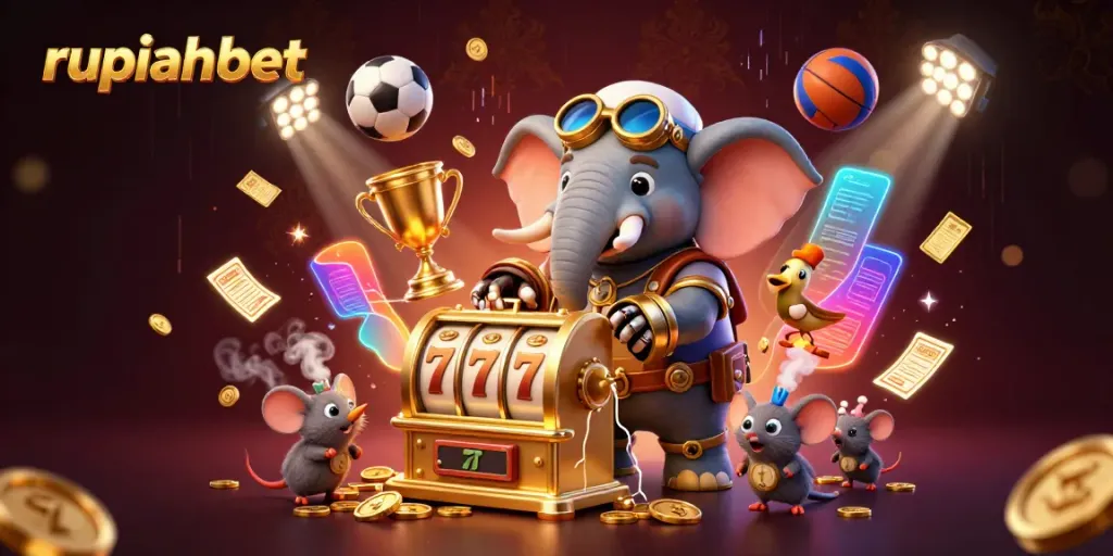 Engage with the vibrant experience of rupiahbet featuring a steampunk elephant at a lively slot machine.