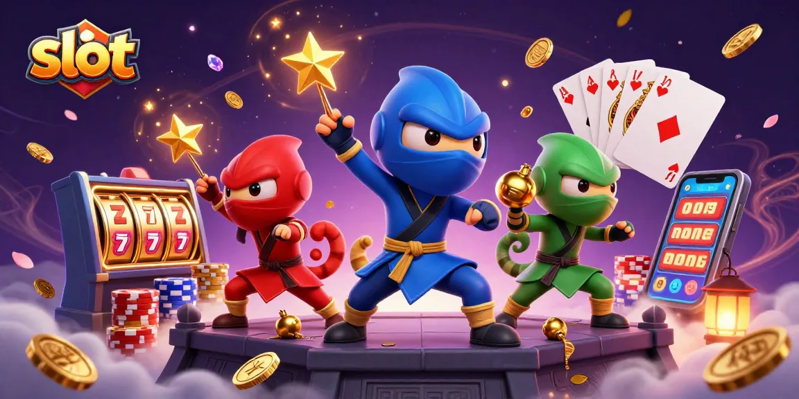 Menangkan slot dengan chameleon ninja bertarung sambil dikelilingi koin emas dan mesin slot.