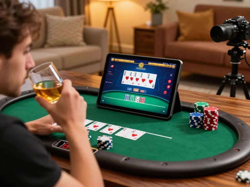 LGOGOAL player strategizing on a tablet for online poker at home.
