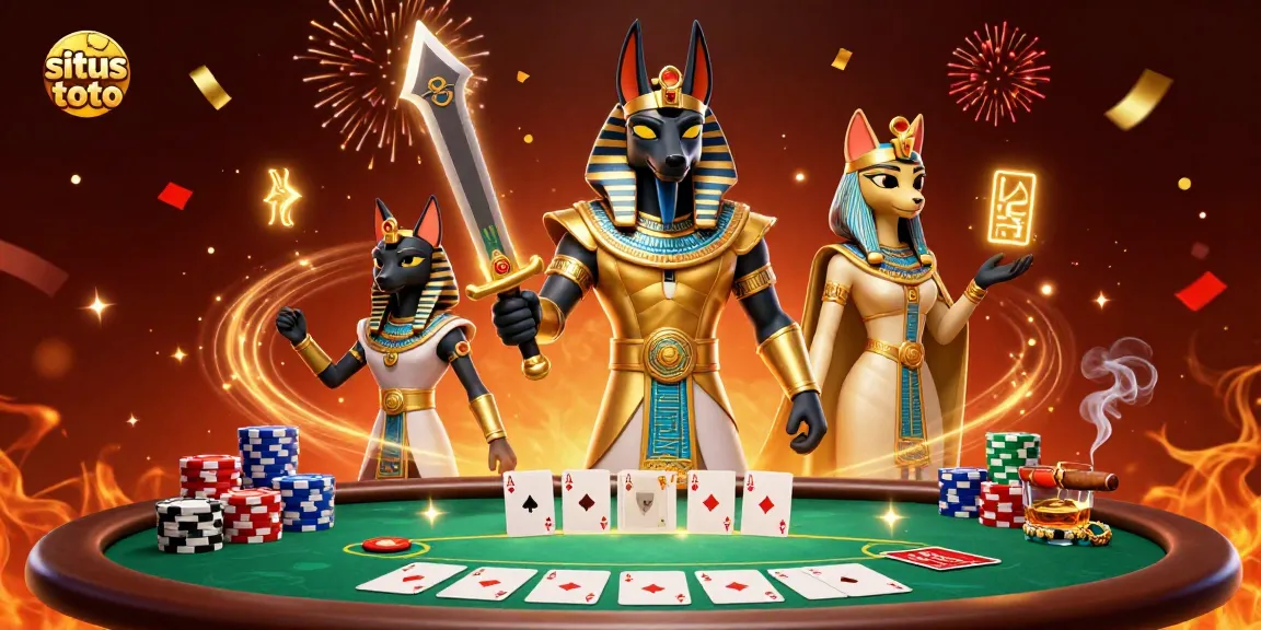 Gambaran situs toto yang menampilkan Anubis dan Bastet bermain poker dengan suasana megah.