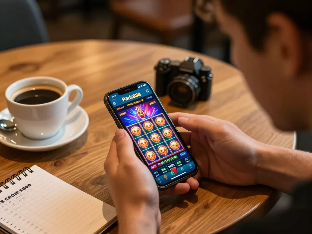 Enjoying exciting gameplay on the Paris888 app while strategizing in a cozy coffee shop setting.
