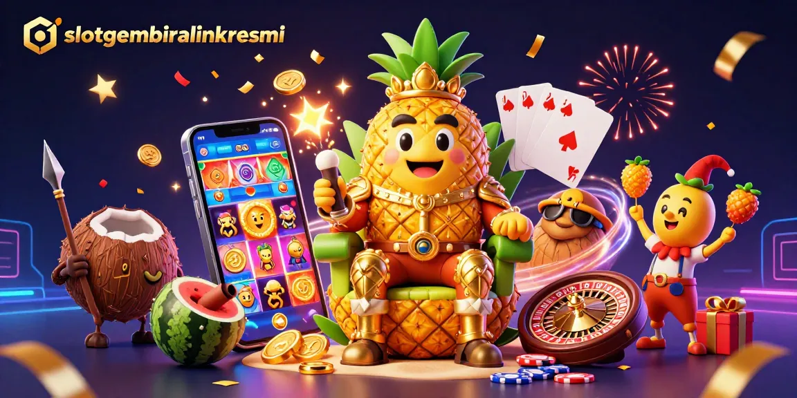 Slotgembiralinkresmi memainkan slot dalam ilustrasi kasino dengan raja nanas dan jester menggembirakan.