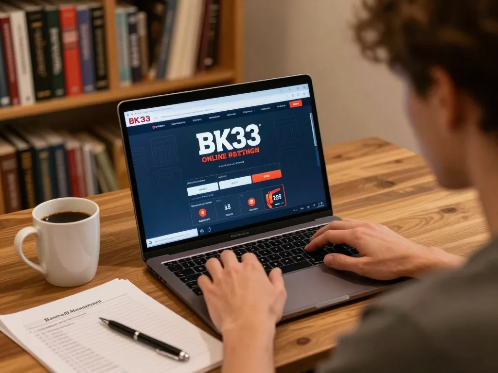 Player exploring BK33 online betting platform on a laptop while managing bankroll, cozy home setup.