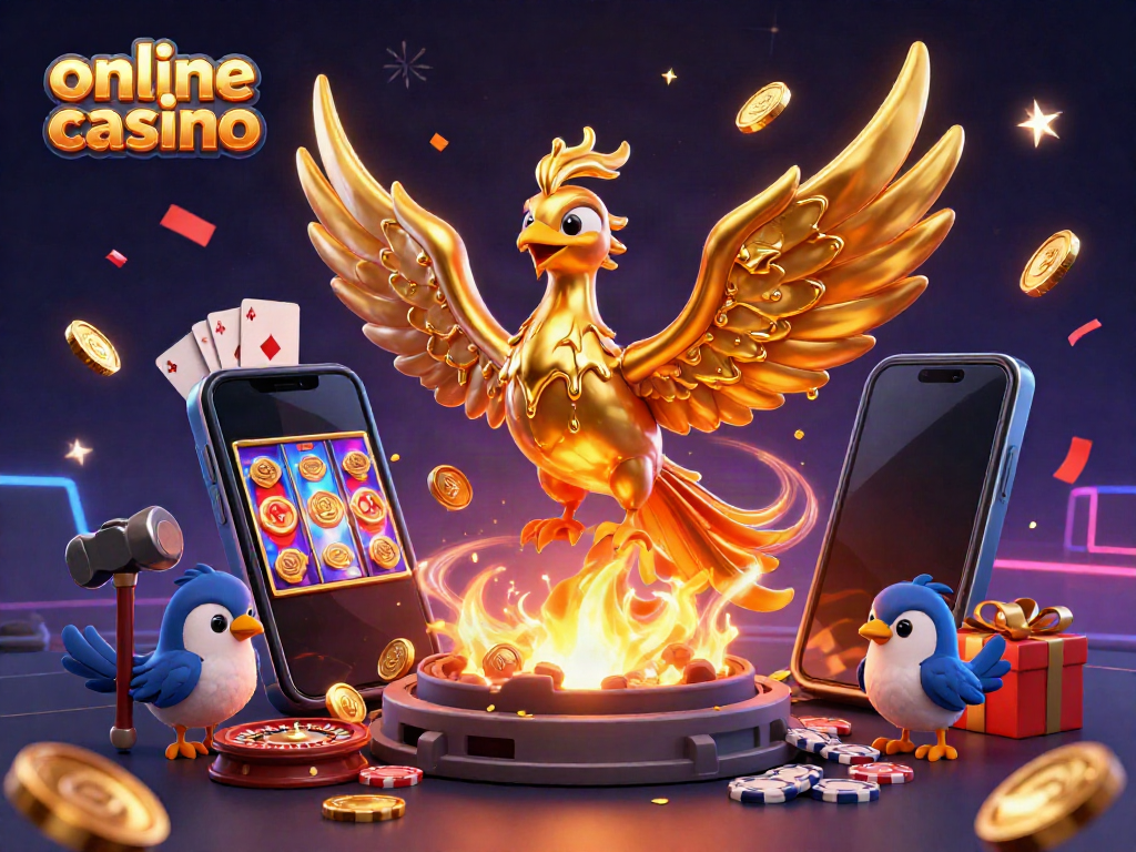 Experience the thrill of an online casino with a phoenix and vibrant game elements.