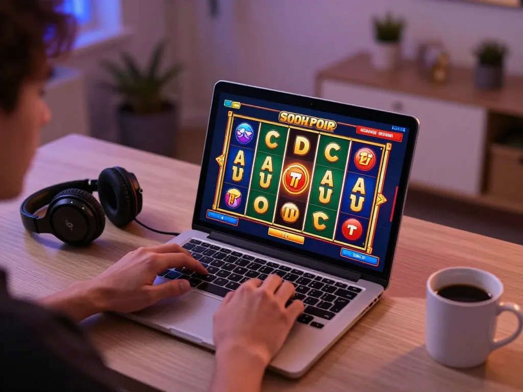 IDCASH88 player engaging with vibrant slot game on laptop in a stylish home office setting.