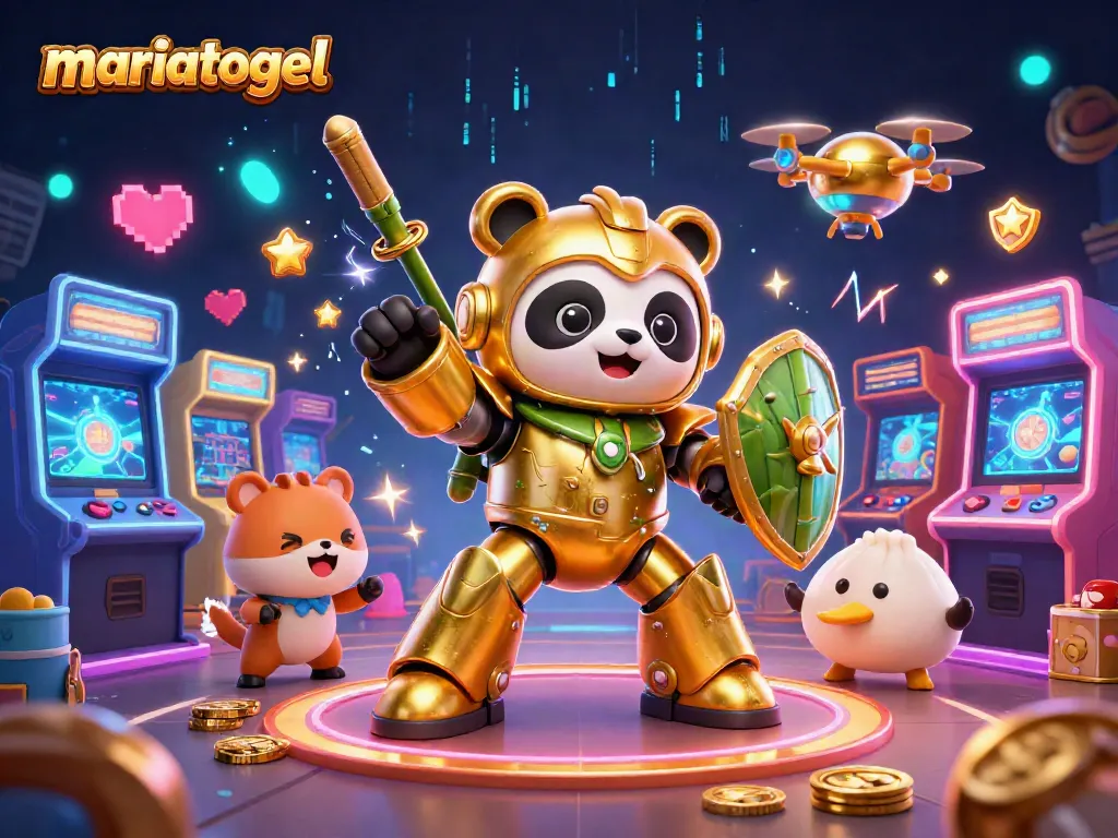 Engage with exciting gaming at mariatogel featuring a golden panda piloting a robot in a vibrant arcade.