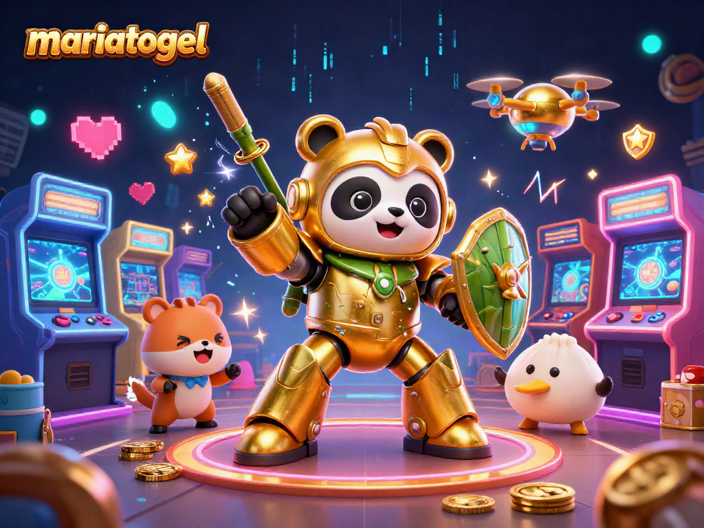 Engage with exciting gaming at mariatogel featuring a golden panda piloting a robot in a vibrant arcade.