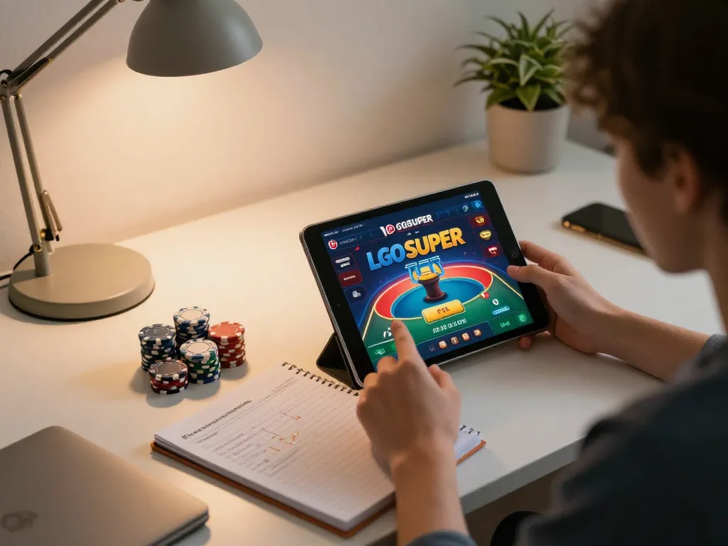 Engaged player using LGOSUPER app on tablet in cozy home setup while planning betting strategy.