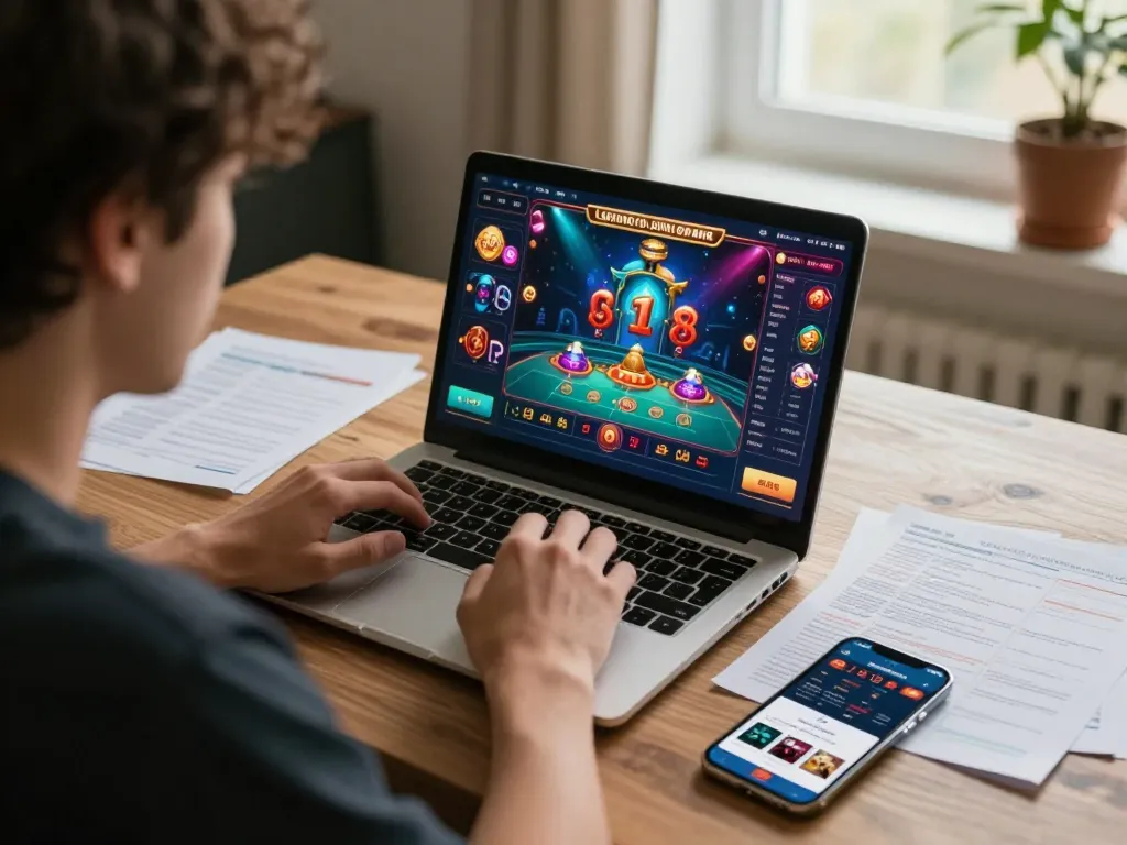 Nego77 player strategizing for online gaming during a cozy home session with a laptop