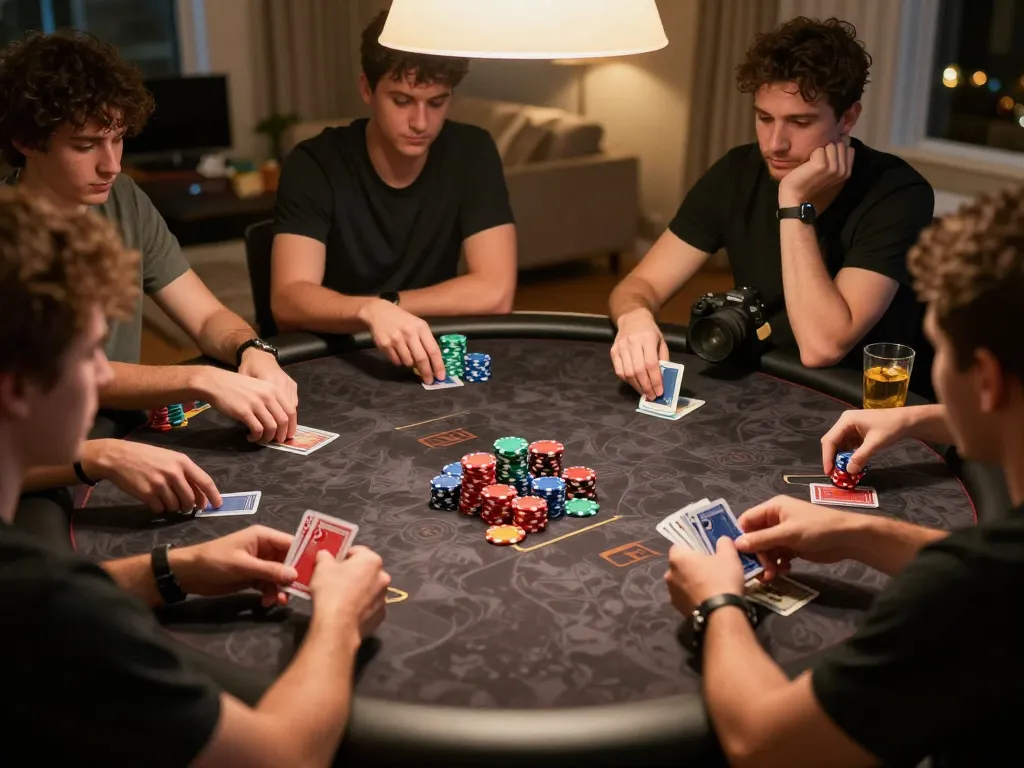 Friends enjoying a Texas Hold'em game at home, revealing excitement as they engage in gameplay, showcasing https://88bet.zone/ atmosphere of fun.