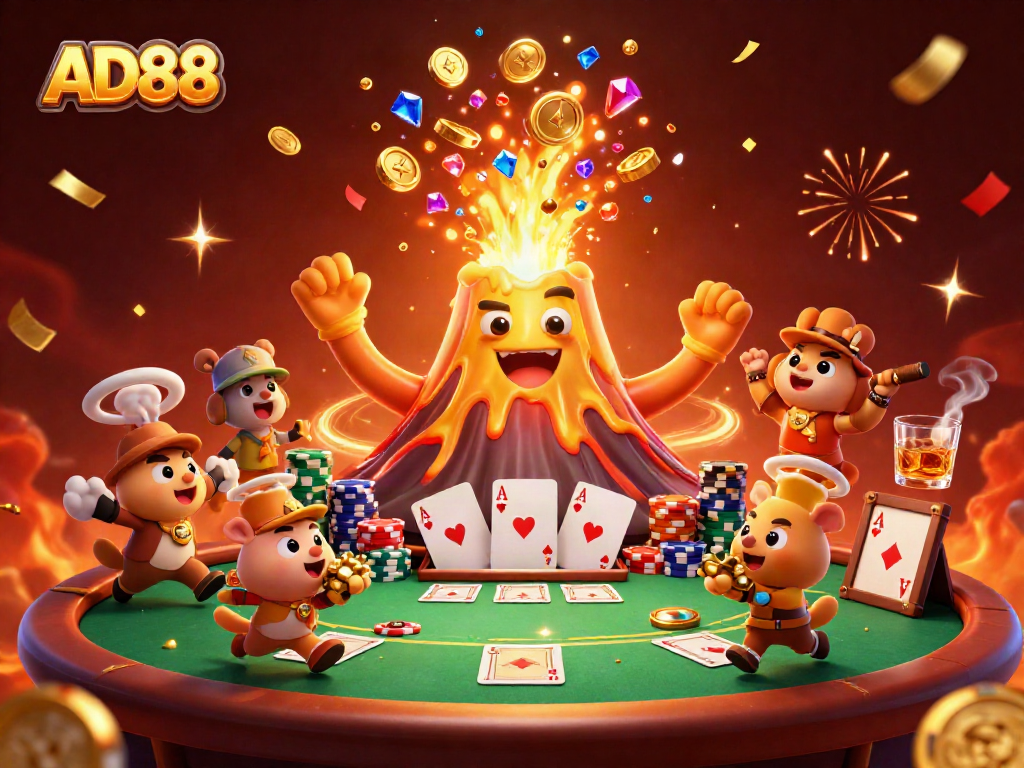 Engage with exciting casino action at AD88 featuring a golden volcano erupting treasures.