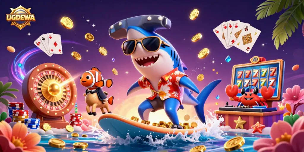 Play exciting games on UGDEWA with a vibrant illustration of a shark surfing gold coins and colorful game elements.