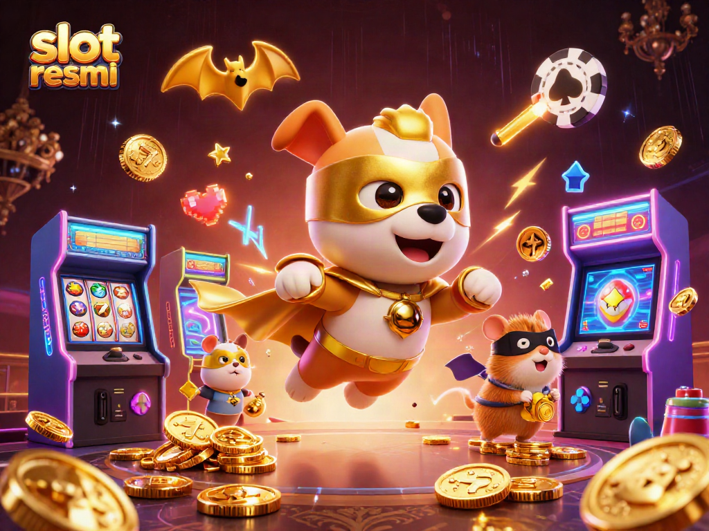 Mainkan slot resmi dengan superhero anjing dan hamster sambil terbang membawa koin emas dalam suasana kasino yang cerah