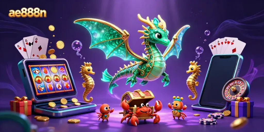 Join the adventure at ae888n with the mystical sea dragon amidst vibrant casino elements, promising excitement and rewards!