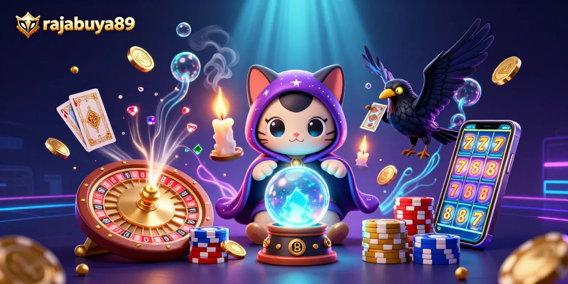 Engage with rajabuya89’s vibrant casino universe featuring a mystical cat and a tarot raven!