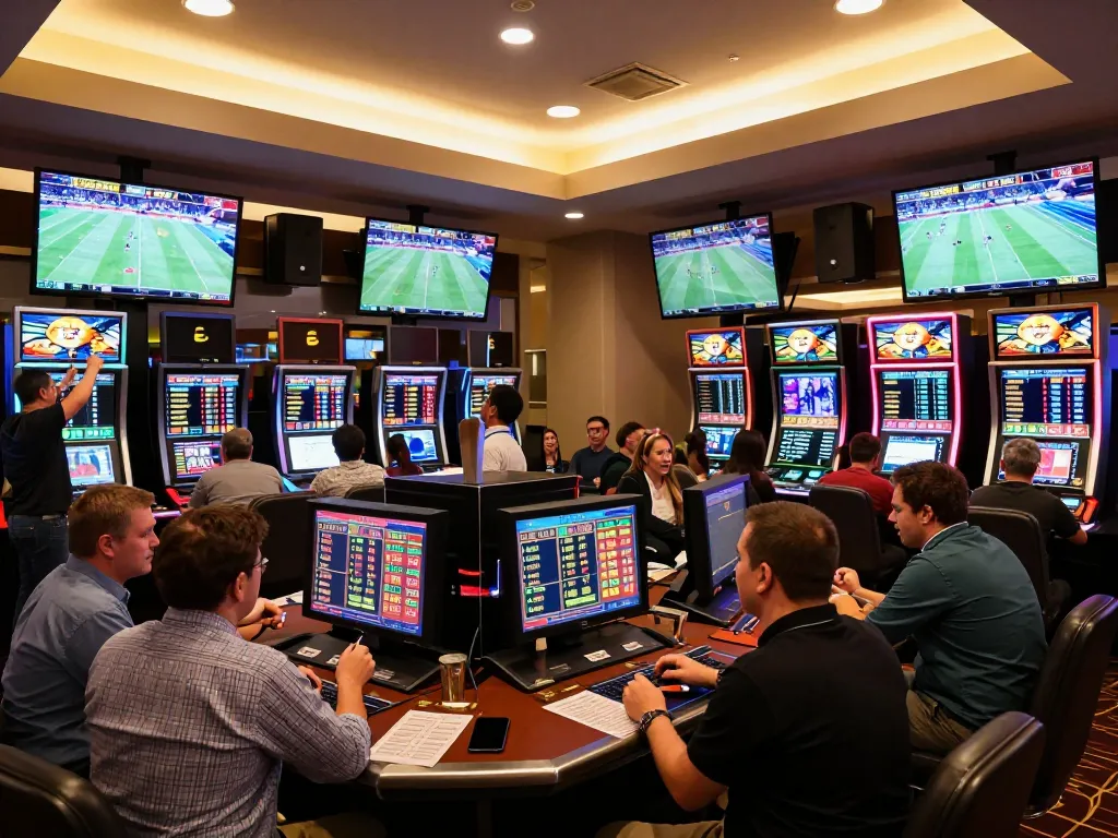 Engaging bettors analyzing kèo nhà cái odds in a lively sports betting area.